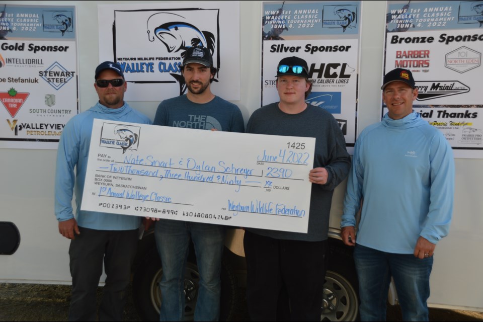 First-place team
From left are Colton Tochor, Weyburn Wildlife Federation member; Nate Smart and Dylan Schreyer; and Troy Kincaid, Weyburn Wildlife Federation member.