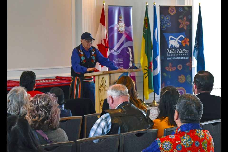 Métis Nation-Saskatchewan President Glen McCallum delivers his opening remarks during the Queen Elizabeth Platinum Jubilee Medal presentation on Monday, Feb. 22, at the Top of the Inn Sheraton Cavalier Hotel.