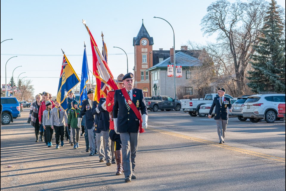 The Procession leaves the Legion #9 for St Vital school gym. The weather was perfect and the turnout for the Remembrance Day service reflected that. * Please note these photos carry the photographer's copyright and may not be reproduced from this gallery. For print requests, visit https://www.mphocus.com/
