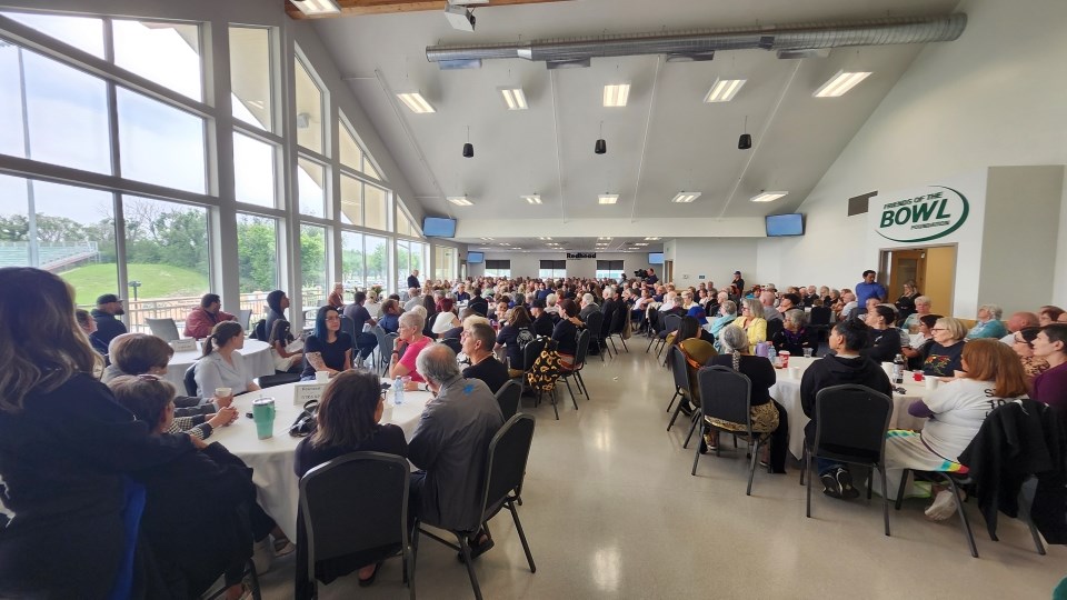Part of the crowd who attended Fr. André Poilievre's Celebration of Life memorial service on Tuesday, July 15, at the Gordie Howe Sports Centre.