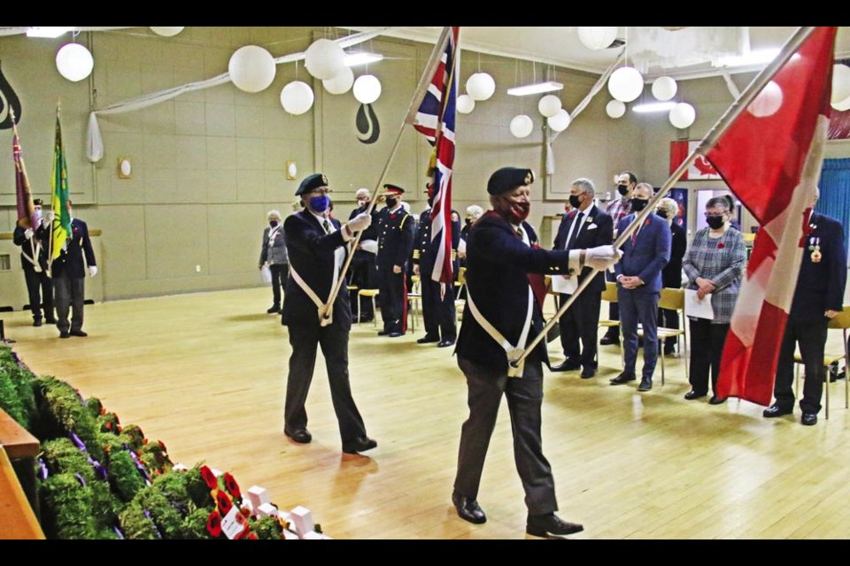 The Weyburn Legion's Colour Guard marched on the colours at the Remembrance Day service a year ago; this year's service will be entirely indoors in the Weyburn Legion Hall.