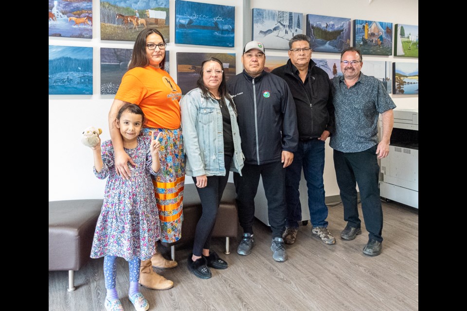 Organizers of the Feast at the Ridge: L to R Alayna Tootoosis Researcher BATC Acahkos Awasisak - IRS Survivors and her daughter Shalice, Cheryl Starr MGBHLM Economic Development, Fenton Favel Project Manager BATC Acahkos Awasisak-IRS Survivors, Grant Beaudry CEO MGBHLM Economic Development, Chris Odishaw Board Director MGBHLM Economic Development