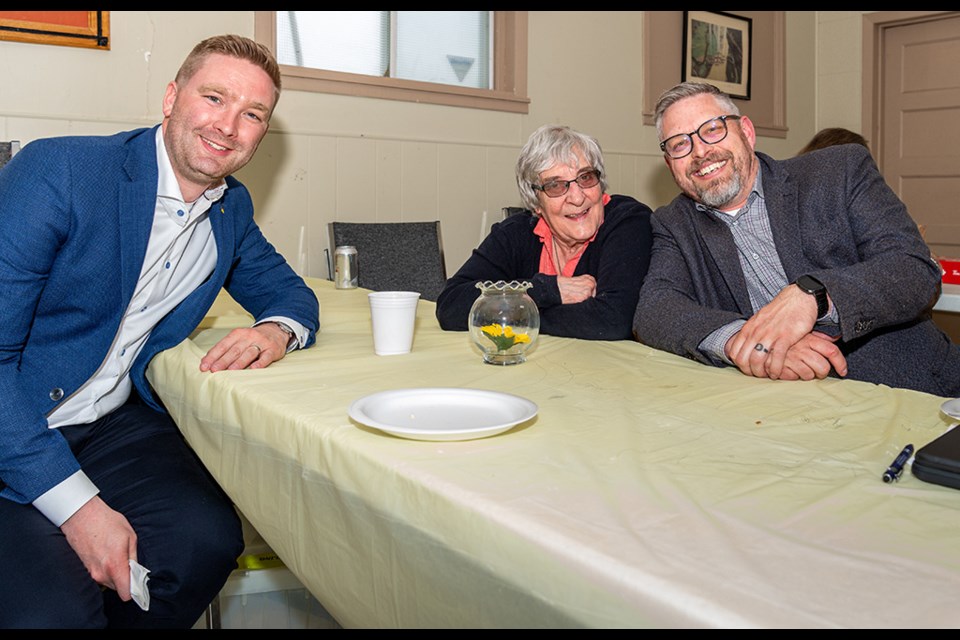 MLA Jeremy Cockrill and Battleford's mayor, Ames Leslie, join Jane Shury, president of the SBHOF, at the Spring Fling.