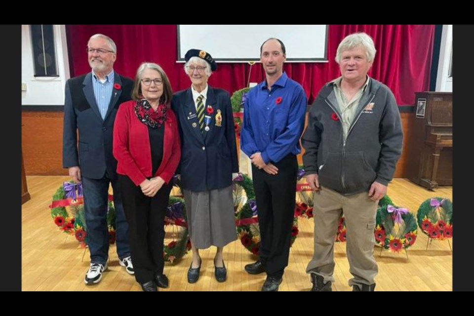 Among the dignitaries at the Bjorkdale Rememberance Day ceremony were, from left, MLA Hugh Nerlien, MP Cathay Wagantall, Bjorkdale Legion member Peggy Looby, Village Councilor Orin Bratton and Village Councilor Allan Mahussier.