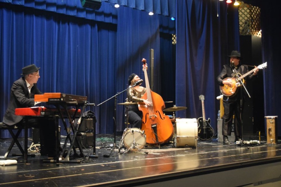 Blue Moon Marquee brought their unique brand of music including blues, swing, jazz and ragtime to Canora in a spirited concert on March 4, presented by the Canora Arts Council as part of the 2021/22 Stars for Saskatchewan Concert Series. From left, were: Darcy Phillips, Jasmine (Jazz) Collette and Al (A.W.) Cardinal. Concertgoers reported that it was “impossible to sit still.” 