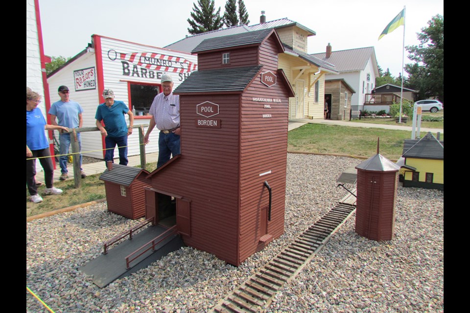 A replica of Sask Wheat Pool elevator built by Rempel Bros. sitting outside Borden Museum. Information about elevators was the feature at Adventures at the Borden Museum for Aug. 14.