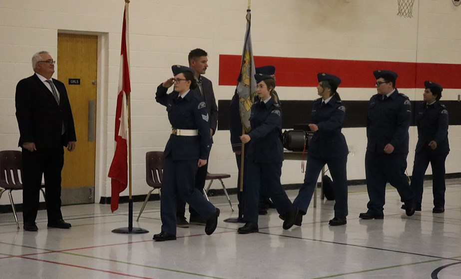Led by Sgt. Maisie Kuzminski, Cadet Parade Commander, the Canora Air Cadets marched past the reviewing stand occupied by Richard Petrowski, Saskatchewan Air Cadet League President, and Mayor Mike Kwas, Reviewing Officer, at the Annual Ceremonial Review on June 5. 