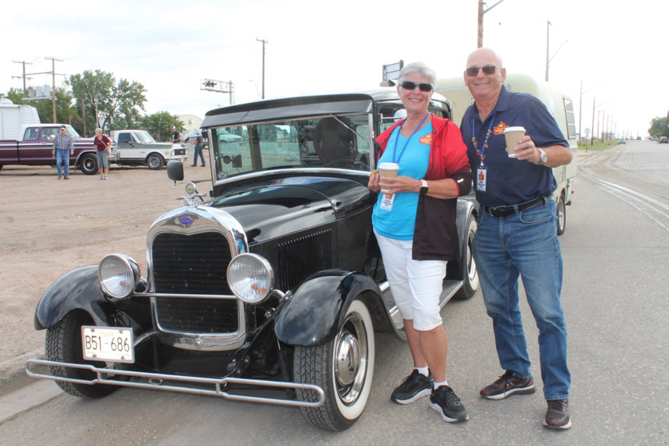 Dianna Townsend and her good friend Bert Meilleur and their 1929 Ford Model A Hot Rod, stopping for a coffee in Carnduff as part of their 2022 Canadian Coaster cross-Canada trip. 



