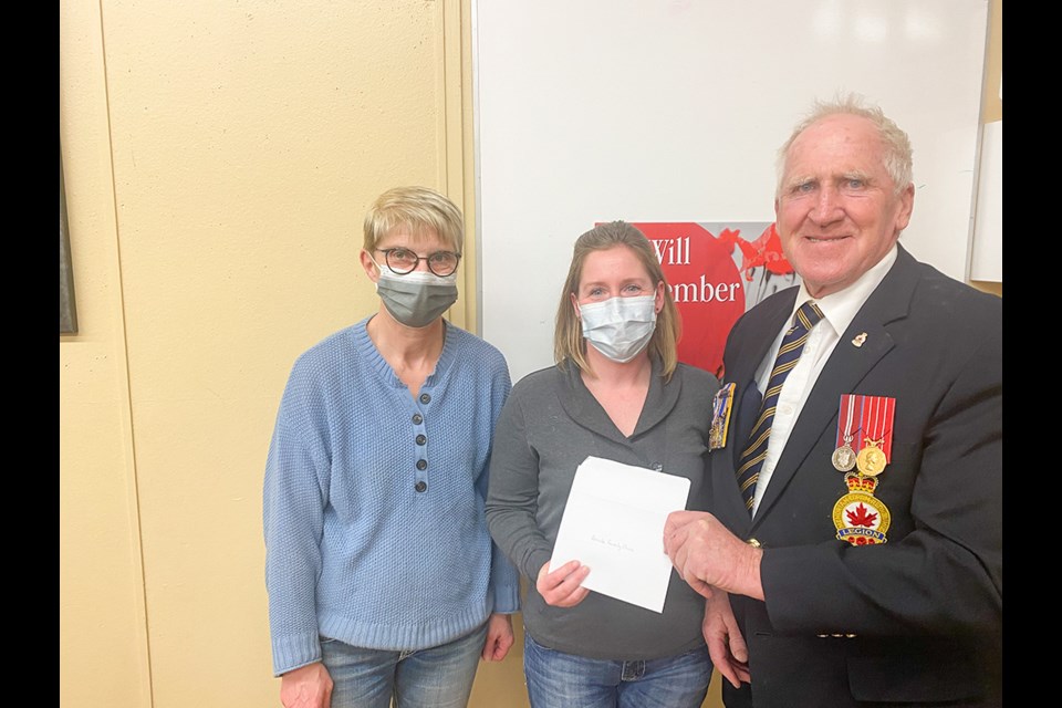 Arcola Family Health Clinic representatives Sheila Sim and Debbie Bourhis accept a cheque from Jack Wilson