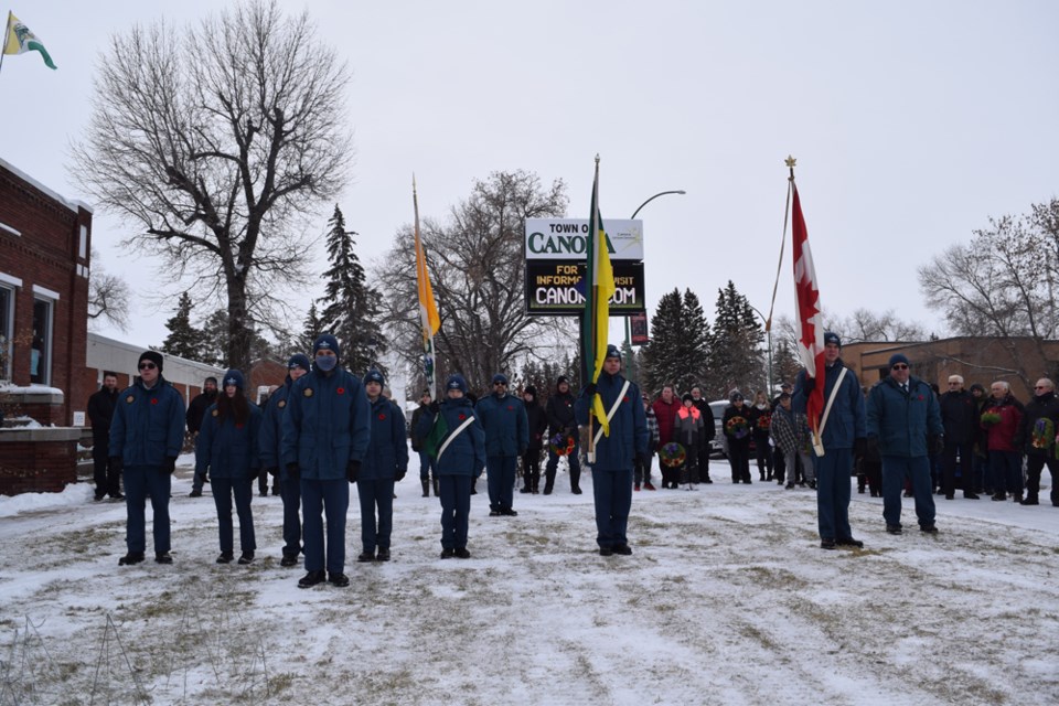 During the Remembrance Day service at the cenotaph in Canora on Nov. 11, members of the Canora squadron of the Royal Canadian Air Cadets acted as flagbearers. At the front was the parade commander, F/Sgt. Aaron Chassé. In the row behind Chassé, from left, were: F/Sgt. Dawson Jennings, Cadet Layna Pettigrew, Cadet Mason Cutforth, Cadet Matthew Knox, 
Cadet Jordan Insko (Town of Canora flagbearer), Cadet Jeffrey Severight (Saskatchewan Flagbearer) and Cadet River Kozmaniuk (Canadian Flagbearer).
