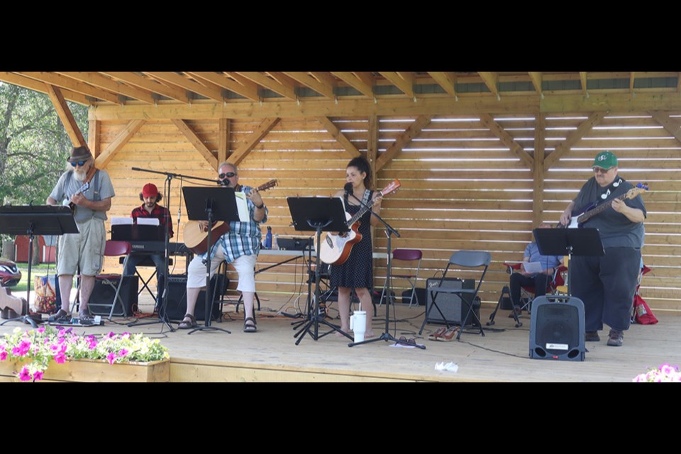 At the non-denominational church service held at King George Park to kick off Canora in Bloom on July 7, music was provided by a worship band that included musicians from multiple local churches. From left, were: AJ Bathgate (tenor ukulele), Caleb Senechal (keyboard), Brett Watson (vocals, guitar), Carissa Schomburg (guitar, vocals) and Wes Popoff (bass).