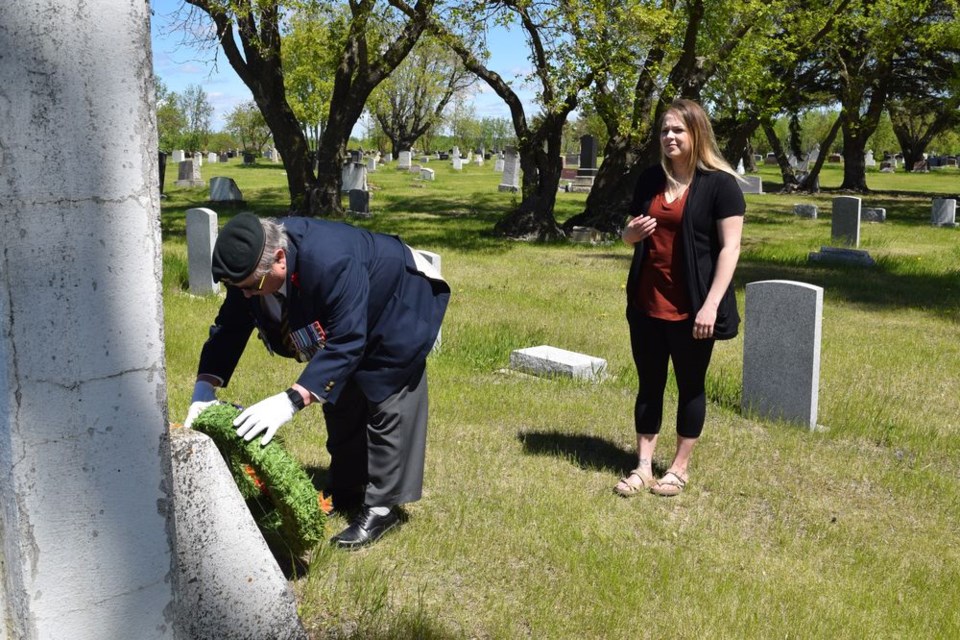 Sunny skies greeted those in attendance at the Decoration Day service on June 5 at the Canora Cemetery. Chris Sokoloski, president of the Canora branch of the Royal Canadian Legion, laid a wreath at the Cenotaph to honour those who have served Canada. Sokoloski was accompanied by Kylee Toffan, Legion secretary.
