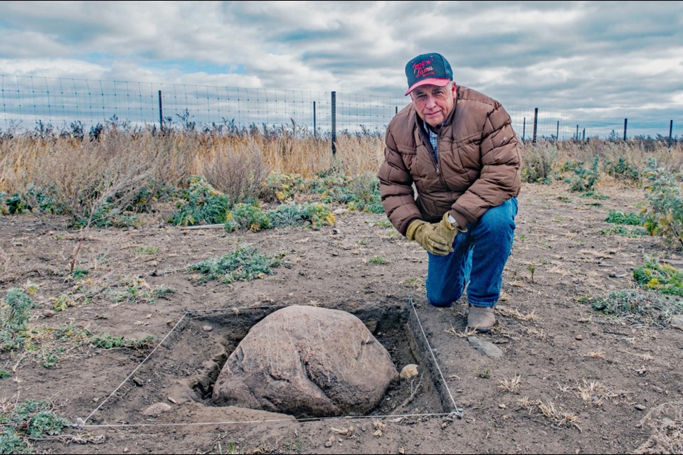 Wanuskewin Heritage Park Chief Archaeologist Dr. Ernie Walker poses with a petroglyph in one of their digs.