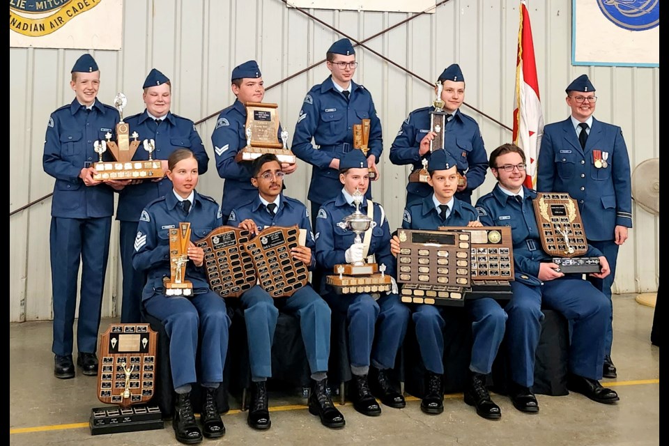 The 2023 award recipients were, back row, from left, Top First-Year Cadets – LAC Lucas Schott and LAC Joshua Kienlen; Top Second Year Male Cadet Cpl. Kashton Farnsworth; Top Male Shot – Flight Cpl. Allan Wagner; Most Improved Cadet - Flight Cpl. Isabelle McQuoid; and outgoing commanding officer Danielle Fleury. Front row, Top Female Shot, Best Dressed Overall and Top Cadet Overall – Flight Cpl. Kelaiah Cinnamon; The Drill and Deportment, Top Overall Cadet and the Lord Strathcona Medal recipient – Flight Sgt. Moskh Rabari; Top Second-Year Female Cadet – Cpl. Jenna Fleury; Top Third Year Cadet and Best dressed in Ranks – Flight Cpl. Joelle Cinnamon; and The Esprit de Corps Award – Flight Cpl. Paxton Beam. 
