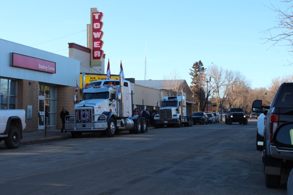 Semi-trucks were on display in front of the Magic Lantern Tower Theatre.