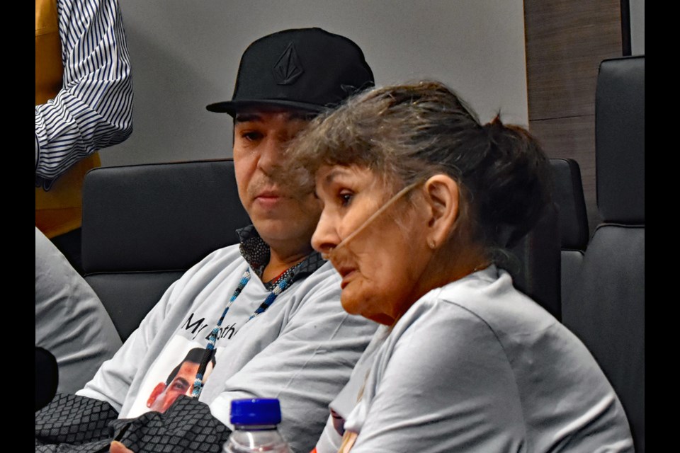 Verna Umpherville, right, fights back her tears as she recalls the good time they spend with her son Bodan in a press conference on Friday, April 21, at the FSIN office in Saskatoon.