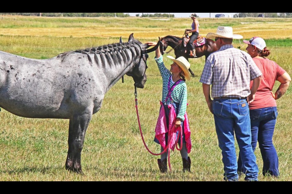 A rider dressed as a rodeo clown petted her horse before the start of the junior costume class at the Griffin Horse Show on Saturday.