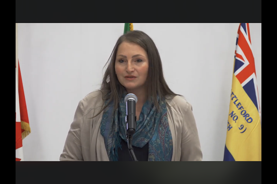 Battlefords-Lloydminster MP Rosemarie Falk speaks at the Honour our Veterans banner unveiling in Battleford Oct. 29.