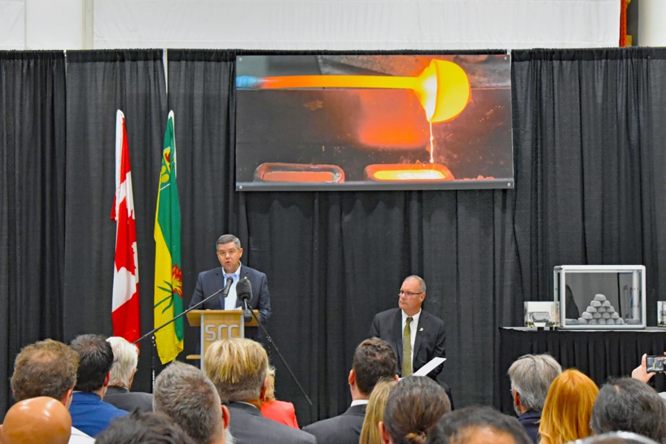 Minister responsible for the Saskatchewan Research Council Jeremy Harrison delivers his opening remarks during the presentation of the first rare earth metal ingot that was produced locally.