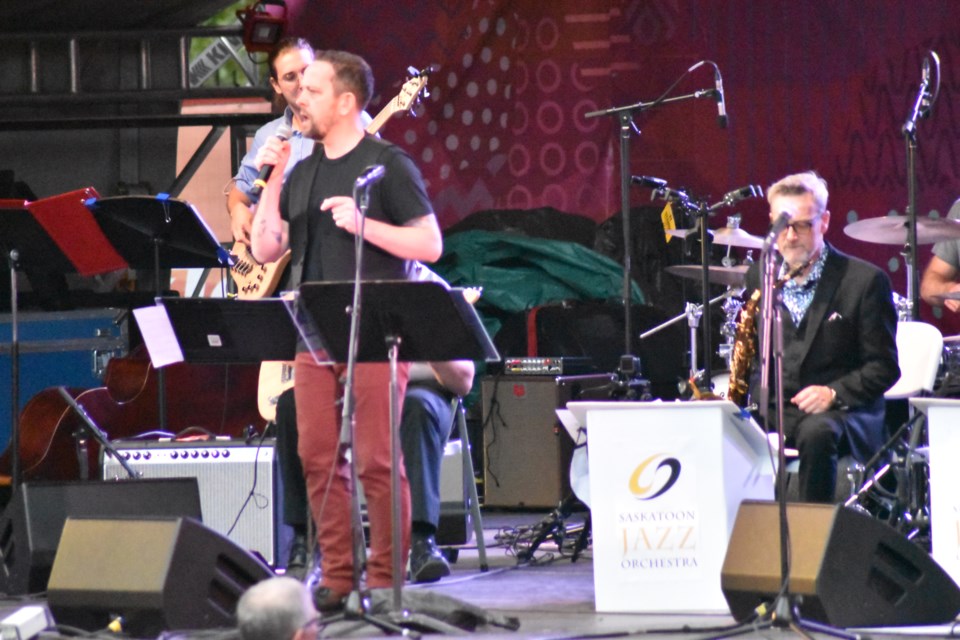 Todd Martin of Winnipeg performs with the Saskatoon Jazz Orchestra on Tuesday night in the fourth day of the 34th SaskTel Saskatchewan Jazz Festival at the TD Mainstage Bessborough Gardens.