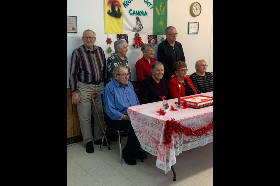 Celebrating November and December birthdays at the Keen Age Centre in Canora on Dec. 11, from left, were: (standing) Leo and Bernice Rakochy, Pauline Gogal and Bill Gulka; and (seated) Carl Okrainetz, Lorin Martinuk, Mary Prokopetz and Sharon Chabun.
