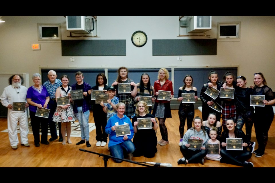 Performing during the 2023 Midale's Got Talent night were, back row, from left, Dan Thompson, Gary and Lois Hughes, Hallie and Dawson Scrupps, Isaiah Perdis, Mavrik Espelien, Sam Ellis, Daviney Berg, Megan Zemlak and Estevan Recreational Dance Club Senior Hip Hop Group, including choreographer Brooke Wilson and dancers Hanna Carter, Jayda and Katie Littlechief, Josa and Marissa Mohr, Lily Patoki, Grace Styre and Emmalee Ursu. Front row, Rebecca Ferguson and Lois Feaver, and sitting with other ERDC dancers is Zoey Simpson. Missing from the photo is RD Jones.                               