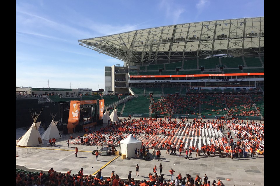 Mosaic Stadium as 12,000 people, most of them high school students, showed up for Miyo-wîcîwitowin Day in Regina.