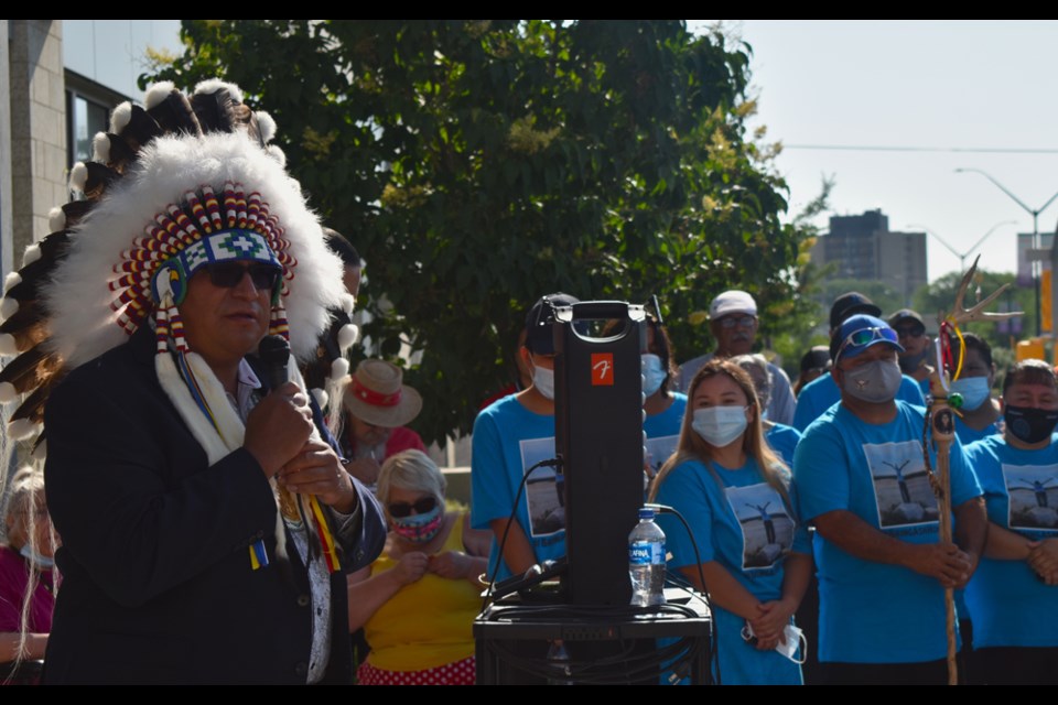 Federation of Sovereign Indigenous Nations First Vice-Chief David Pratt delivers words of encouragement in last year's awareness walk for Ashley Morin and Meghan Gallagher, who remain missing.