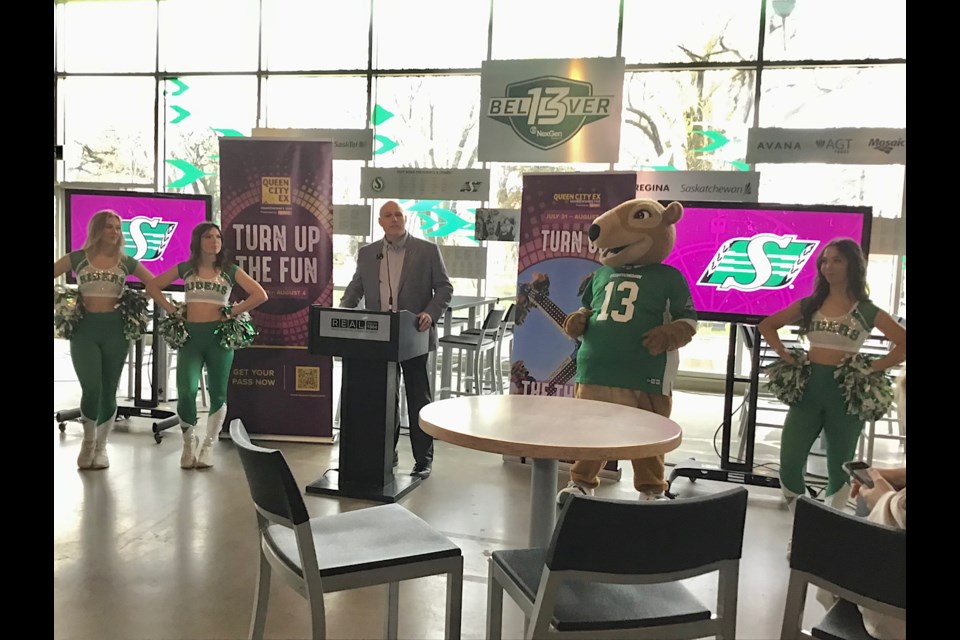 The Saskatchewan Roughriders cheerleaders and Gainer the Gopher were at the launch event for Queen City Ex 2024.