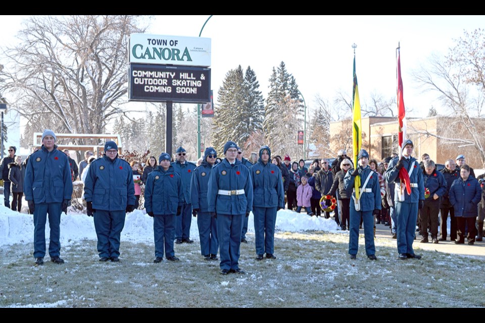 Acting as flagbearers during the Remembrance Day service at the cenotaph in Canora on November 11 were the Canora squadron of the Royal Canadian Air Cadets. Cadets from left, were: AC Ferlyn Brass, AC Max Paul, AC Horatio Wasyliw, AC Savannah Bryant and AC Mickayla Maygard; Parade Commander Cpl. Maisie Kuzminski (in front),  Saskatchewan Flag bearer AC Zoe Becker, and Canada Flag bearer Cpl. River Kozmanuik. 