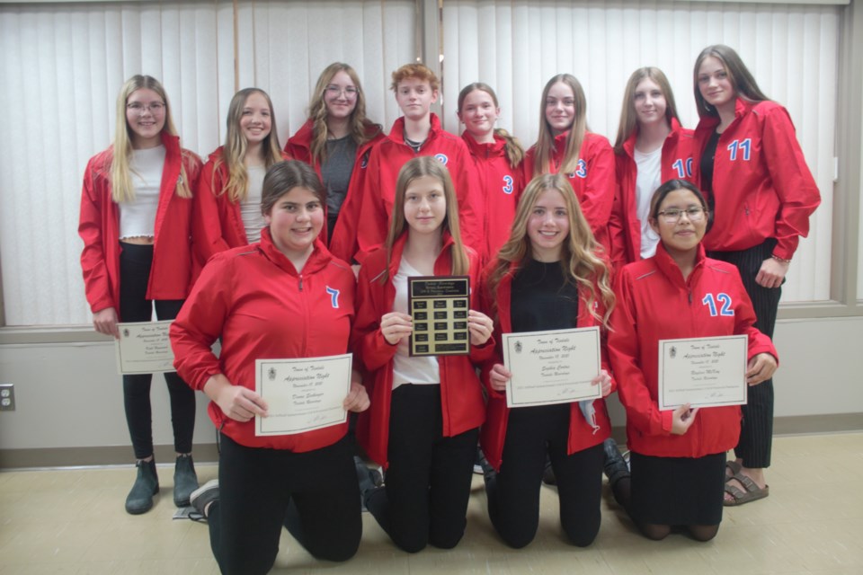 The Tisdale Riverdogs softball team were recognized by the Town of Tisdale for taking home the 2021 Softball Saskatchewan U14 B Provincial Champions title. Players included Arianna Hood, Denae Seckinger, Jaida Wallington, Megan Enns, Kali Nowosad, Sierra Lipka, Julia Leicht, Abigail Clark, Sophia Cortus, Kendall Stegemann, Ayden Kehrig, Alexis Jacobson and Raylene McKay.