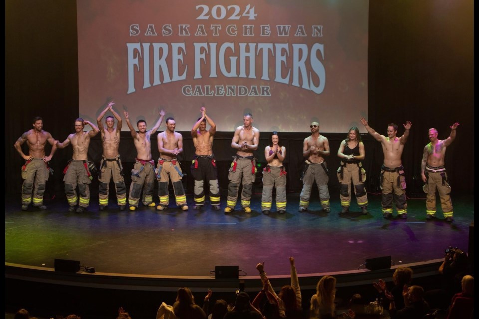 Estevan firefighter Annie-France Bizier, fifth from the right, made the cut and will appear in the 2024 Saskatchewan Fire Fighters Calendar.
