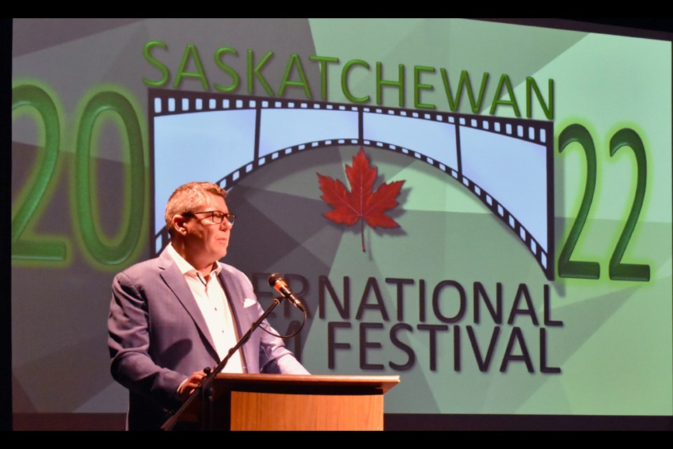 Saskatchewan Premier Scott Moe delivers his remarks on Saturday's opening gala of the 2nd Saskatchewan International Film Festival in Shellbrook.