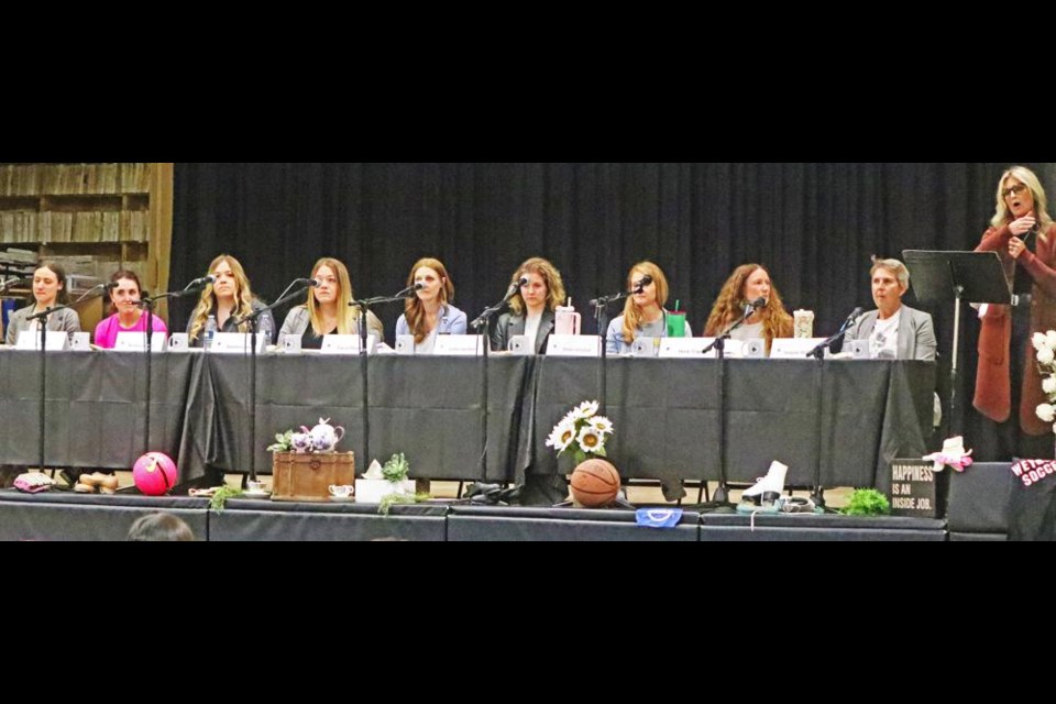 The panel of mentors and coaches gathered at the “Girls Beyond Borders” event on Saturday, for a discussion time of various topics and issues facing girls in sports today.  From left are Sarah Hogue, founder of “Girls Beyond Borders”; Jane Kish, former goaltender and coach; Brooklyn and Jasmine Lund, school counsellors; volleyball coach and player Tonya Miller; Lydia Sanders, trainer; Jessie Smoliak, Phys.Ed dept. head at Estevan Comp; Heidi Vogel, coach; and Jacquie Williams, a former coach and long-time Phys. Ed teacher at the Weyburn Comp, with emcee Lindsee Michel at right. Michel is one of three partners of “Spilling Prairie Tea”, which put on this event.