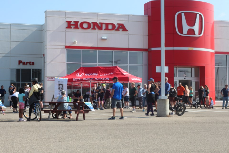 A crowd gathered at Terry Ortynsky's Royal Ford/Royal Honda to take part in the annual, Canada-wide, Terry Fox Run.