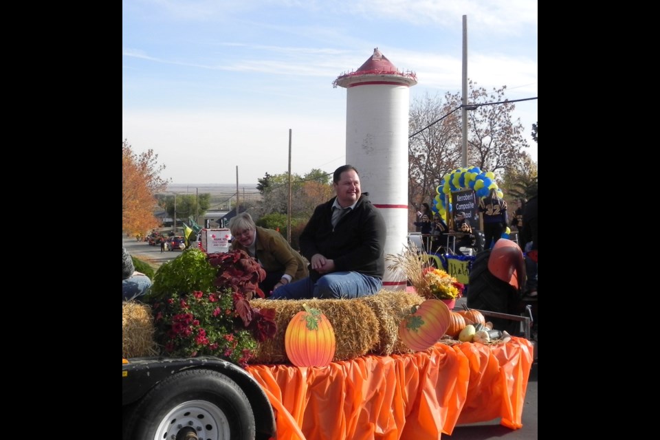 The town of Kerrobert parade entry, complete with replica water tower, included Mayor Wayne Mock in the Harvest Festival parade.