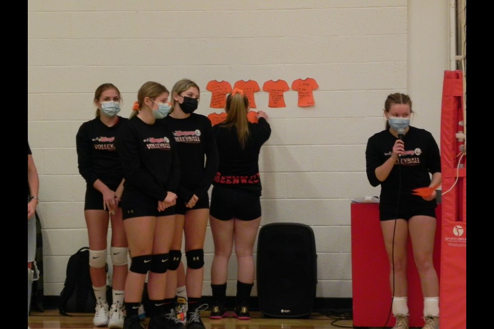 The home tournament for UCHS senior girls' volleyball had a brief ceremony for participating teams to write their pledge on an orange shirt and hang on the gym wall as part of their efforts to recognizing Truth and Reconciliation Day.