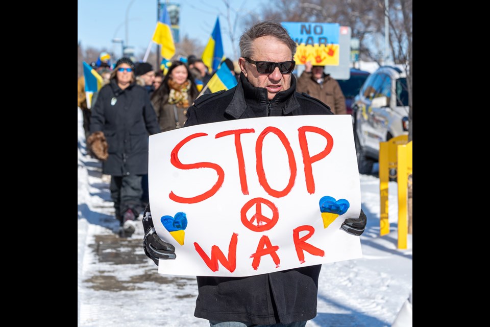More than 100 people attended a walk in support of Ukraine organized Saturday by the Battlefords Ukrainian Canadian Cultural Council.