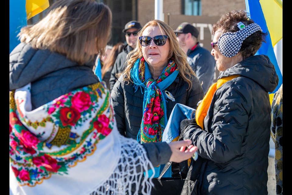 Women wearing their Ukrainian Hustka scarves at Saturday's march in North Battleford.