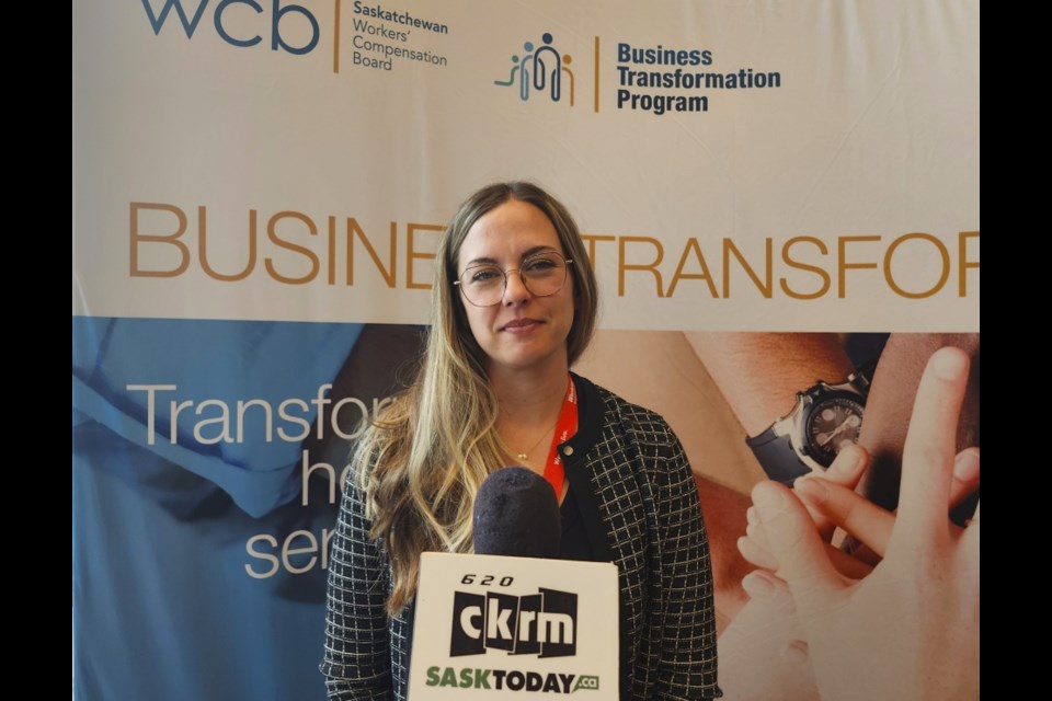 Tara Elliott answers questions from SaskToday after speaking at the Saskatchewan Workers’ Compensation Board’s 27th Compensation Institute event on Wednesday, May 21, at TCU Place. 