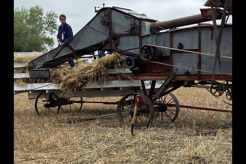 A threshing machine is shown in motion at the Western Development Museum on Sunday.
