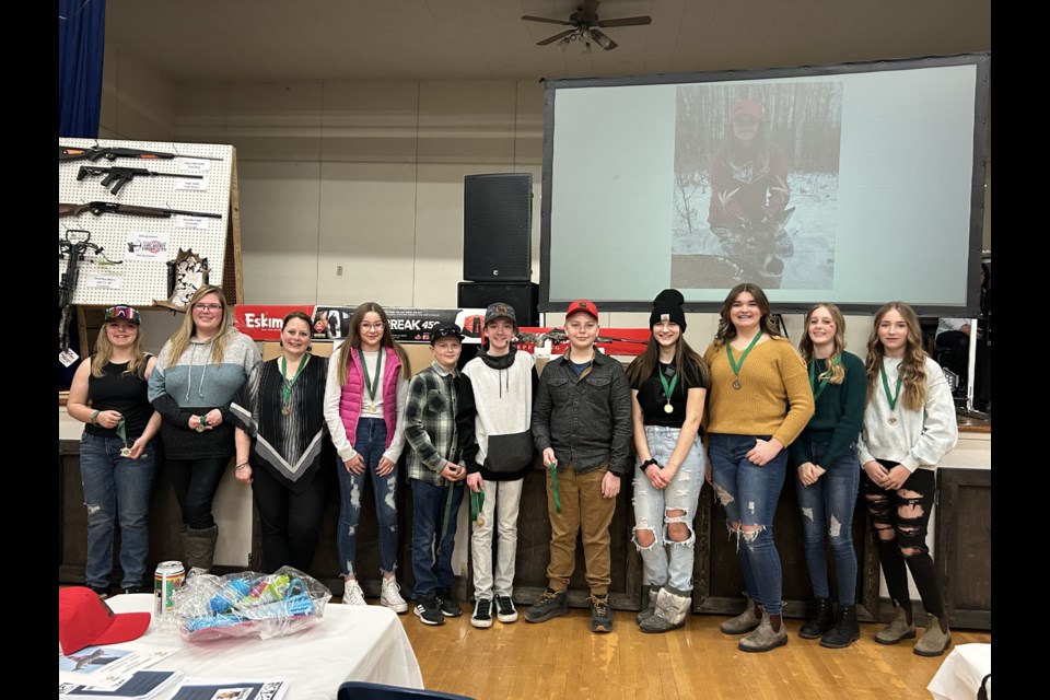 First-time hunters received acknowledgment with medals at the Preeceville Wildlife awards and banquet evening held at the Preeceville Community Legion Hall on March 25. Those who received medals from left, were: Leah Thideman, Jaelyn Orban, Shannon Nelson, Ripley Pristie, Boden Heskin, Carter Halkyard, Seth Reynolds, Peyton Lisoway, Sarah Masko, Kacey Heskin and Claire Masko. Unavailable for the photograph were: Wyatt Scheller, Amber MacDonald, Izzy Payette.