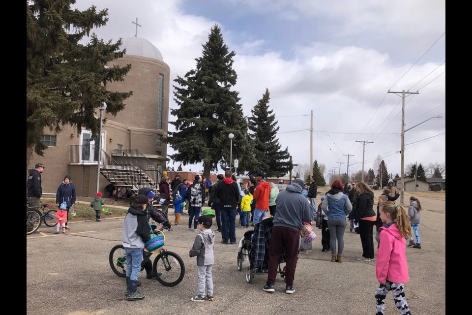 Guests hoppily assembled to begin the Easter egg hunt in Wilkie