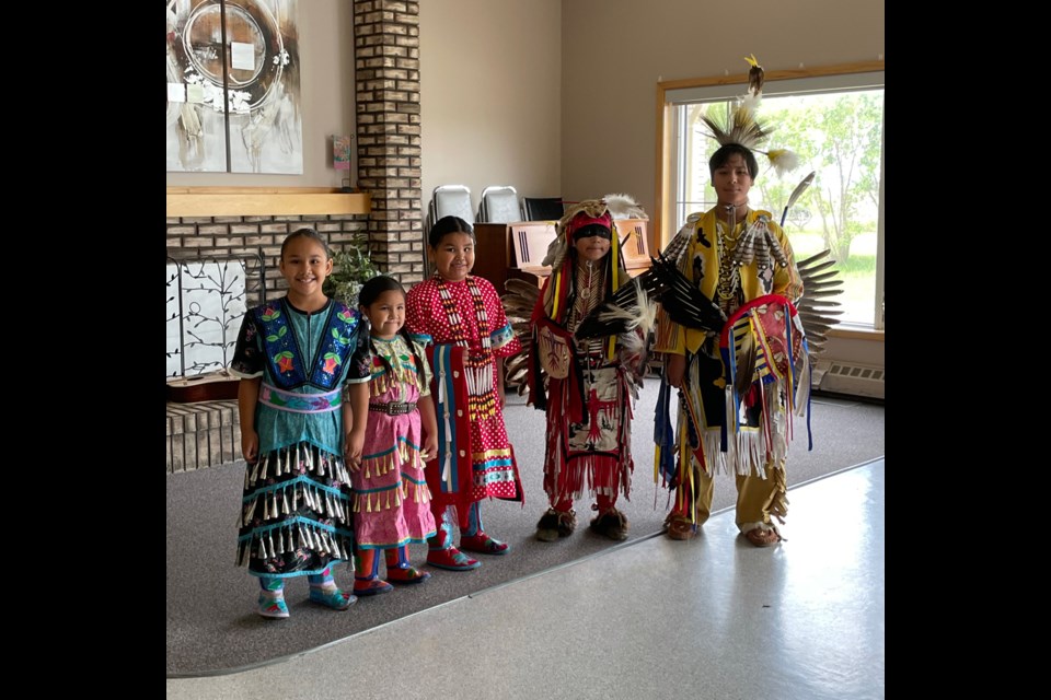 Local dancers performing at the Moose Mountain Lodge, from left, Cyanna Buffalo, Lakelynn Buffalo, Aubree Buffalo, Bayda Bellegarde and Jaye Bellegarde. 