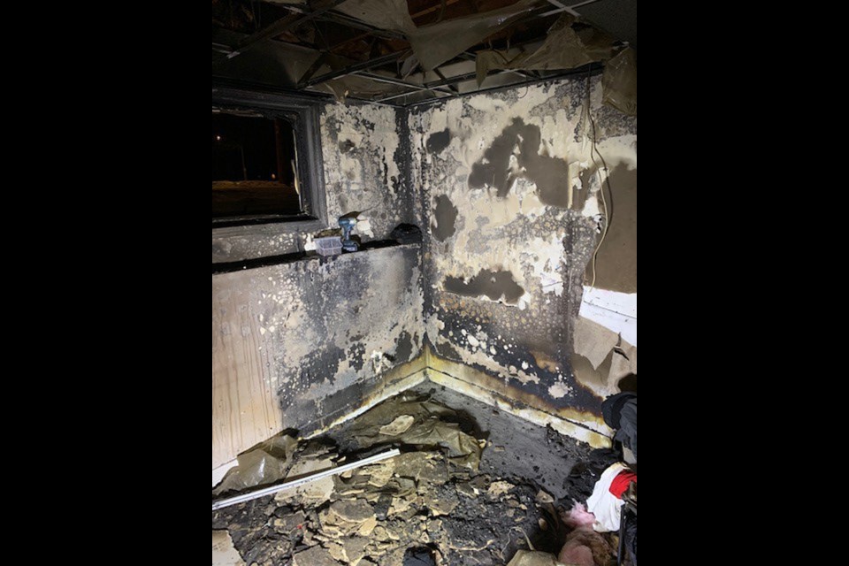 The damaged bedroom basement after the fire was fully extinguished. 
