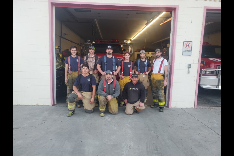 While missing 13 of their members for this photo, Luseland Fire Department posed for a picture showing members Back row: Garrett Fluney, Jayden Olfert, Matthew Siwak (Lieutenant), Steven Meissner, Brenden Obrigewitch, Devon Townsend, 
Front Row : Nick Anderson, Brad Galbraith (Captain), Matthew Rumohr (Chief) , 

