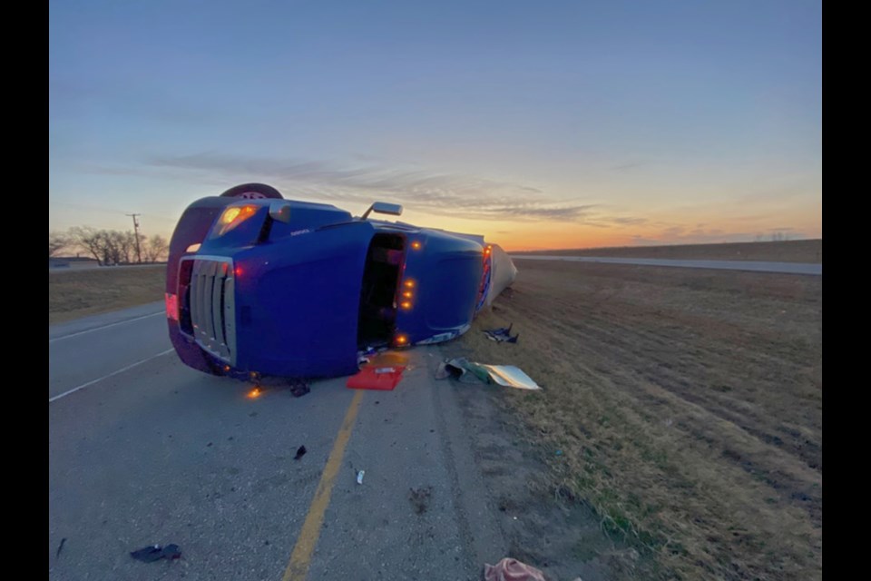 Early on the morning of May 3, a semi tractor and trailer rolled near Balgonie along Highway 1.
