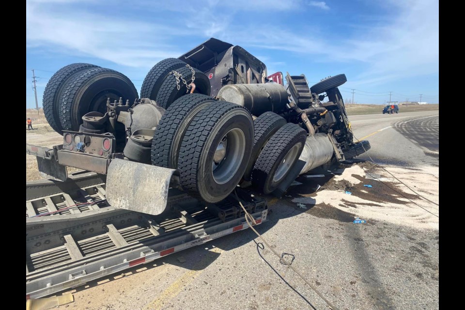 Semi-truck rolled over on Highway 39 east at the bypass junction on Thursday. 