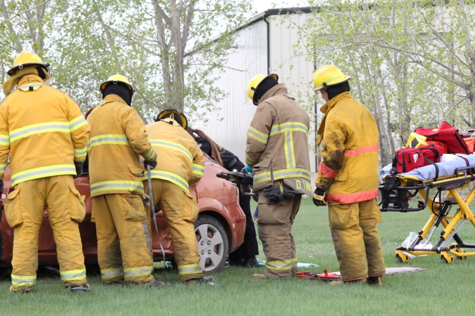 This file photo from a 2018 mock accident that included Unity Fire Department members showcases the use of extrication tools and illustrates one of many good practise opportunities for members.