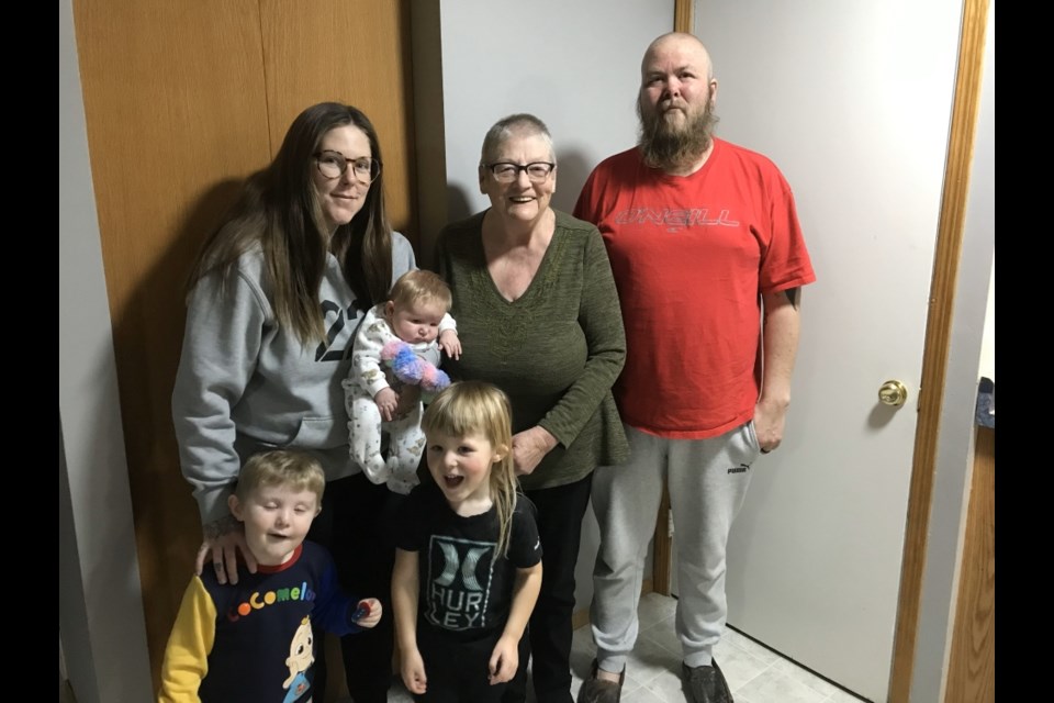 Back left, Tiarah Benner, Layklen Benner, Betty Jack and Travis Benner. Front left, Kove and Huxten Benner were on hand when Betty Jack shaved her head. 